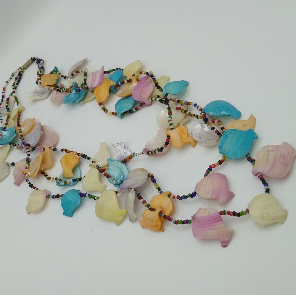 Pastel Dyed Seashell Fish Colorful Multi Strand Seed Bead Necklace 27" Vintage - Picture 9 of 14
